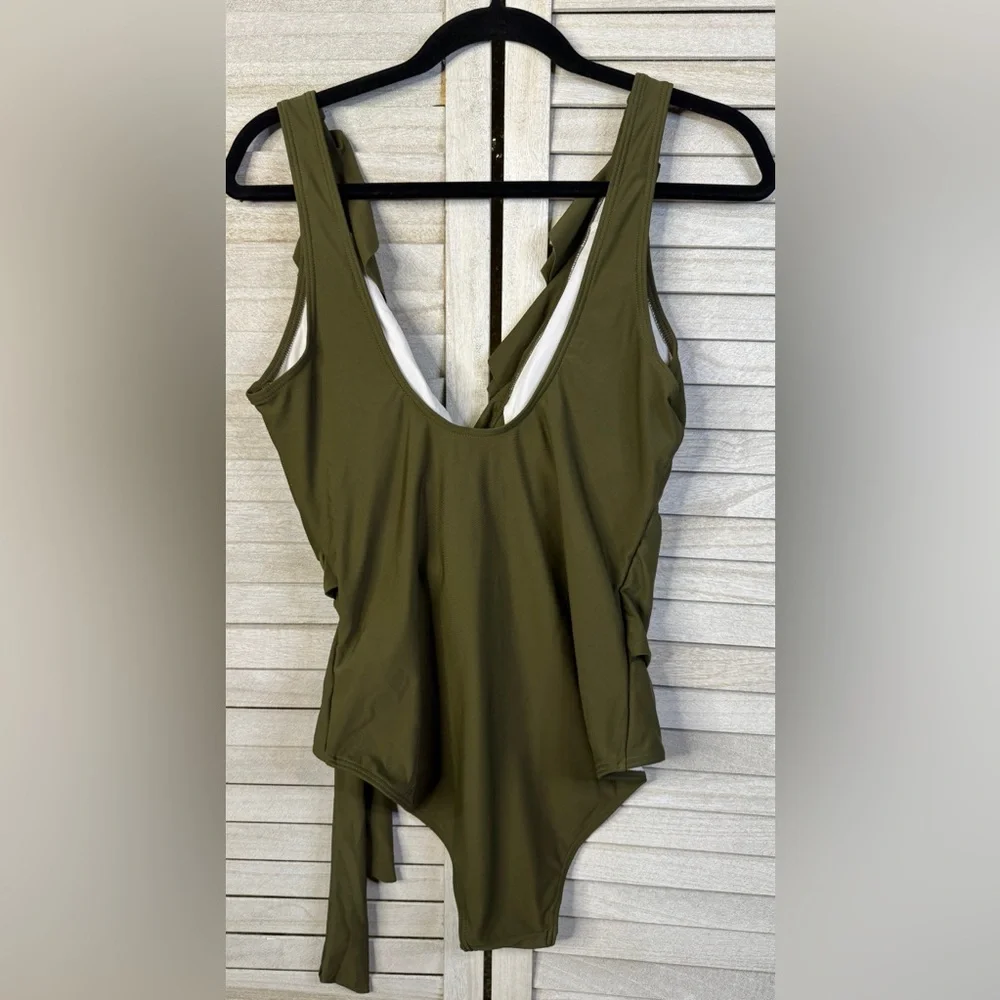 Olive Green Ruffle One Piece Swimsuit Size Large Tummy Control Beach Chic
